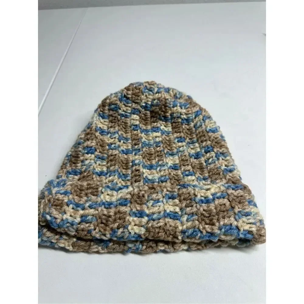 Kids Unisex Handmade Beanie Hat Wool Blend One Size Blue Brown